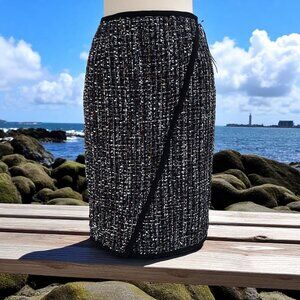 Calvin Klein Tweed Wrap Pencil Skirt Black White Wool Office Classic Chic